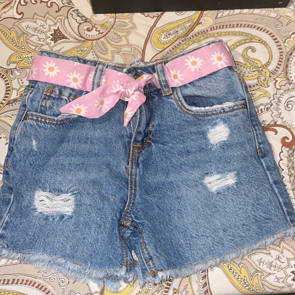 Jean shorts, distressed with flower belt, girls age 5-6yeara
